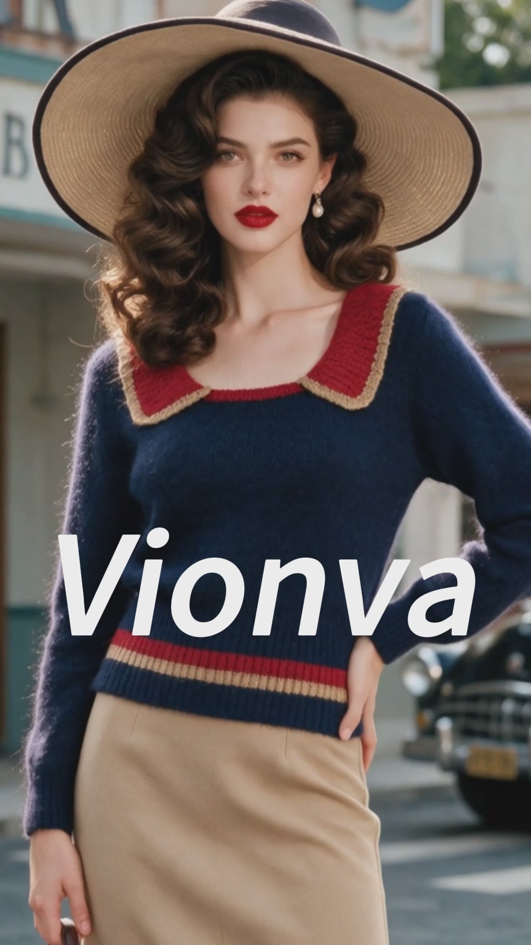 Vintage Navy Red Sailor-Collar Fuzzy Knit Sweater