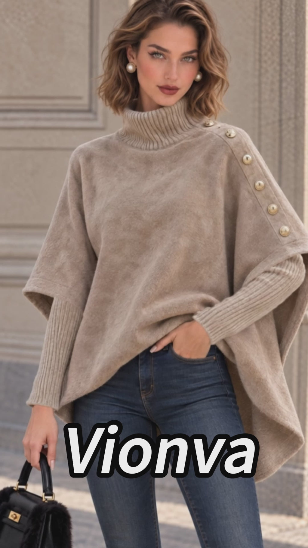 Vintage Taupe Button Shoulder Poncho Style Turtleneck Top