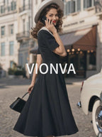 Vintage Black-White Contrast Collar Camellia Flared Commuter Midi Dress