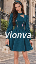 Vintage Cutout Mock-Neck Double-Breasted Faux Suede Dress