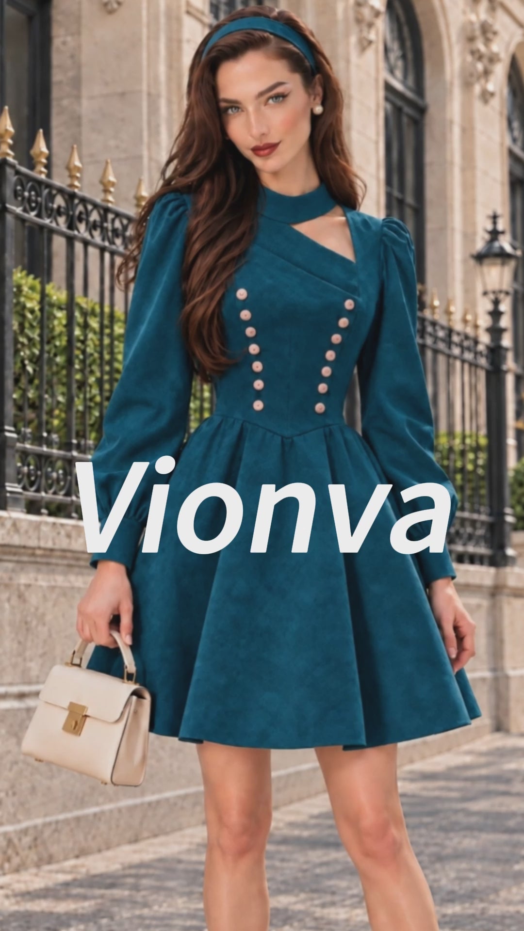 Vintage Cutout Mock-Neck Double-Breasted Faux Suede Dress