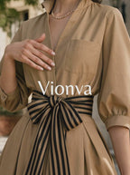 Vintage Striped Belt Stand Collar Umbrella Midi Dress