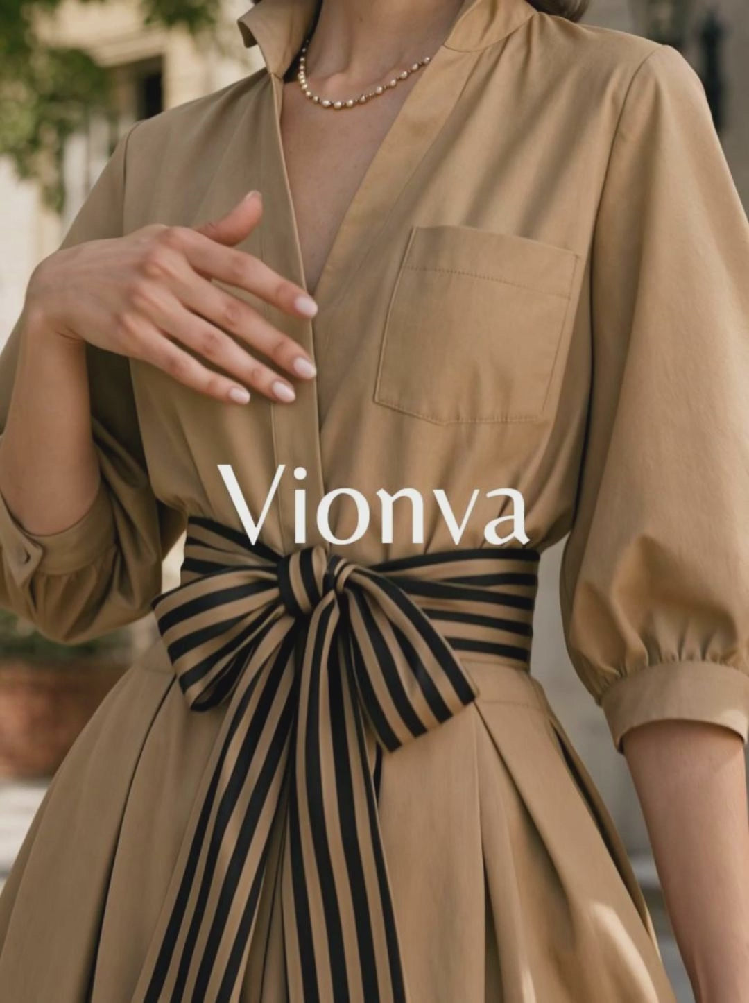 Vintage Striped Belt Stand Collar Umbrella Midi Dress