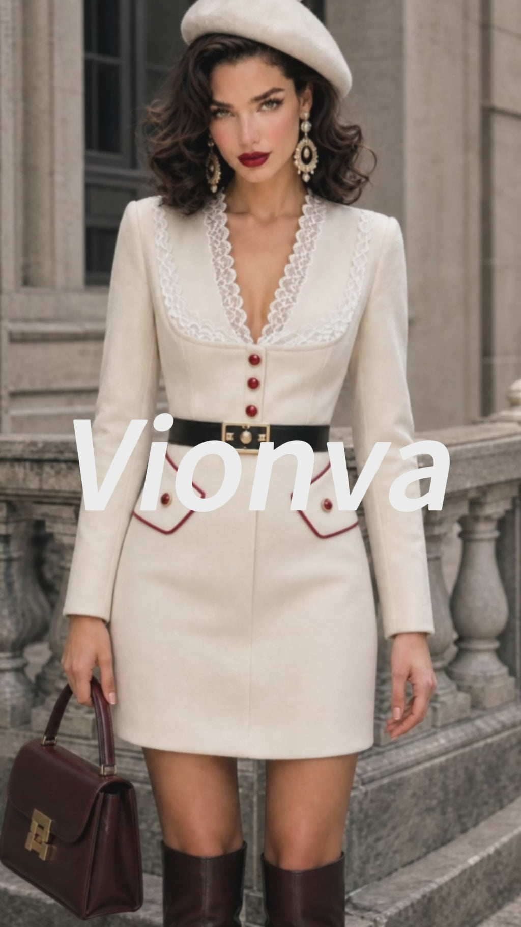 Vintage Lace-Trim Belted Wool Mini Dress