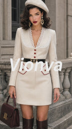 Vintage Lace-Trim Belted Wool Mini Dress