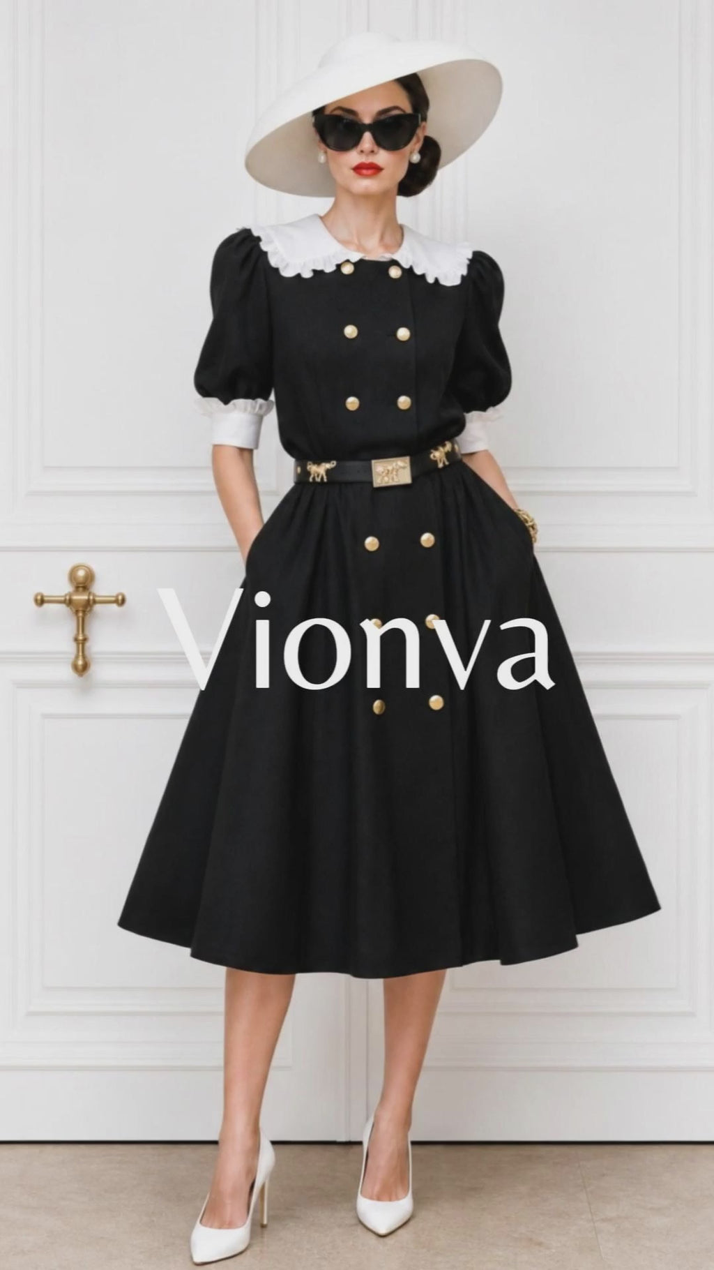 Vintage Double-breasted Lapel Ruffle Trim Midi Dress