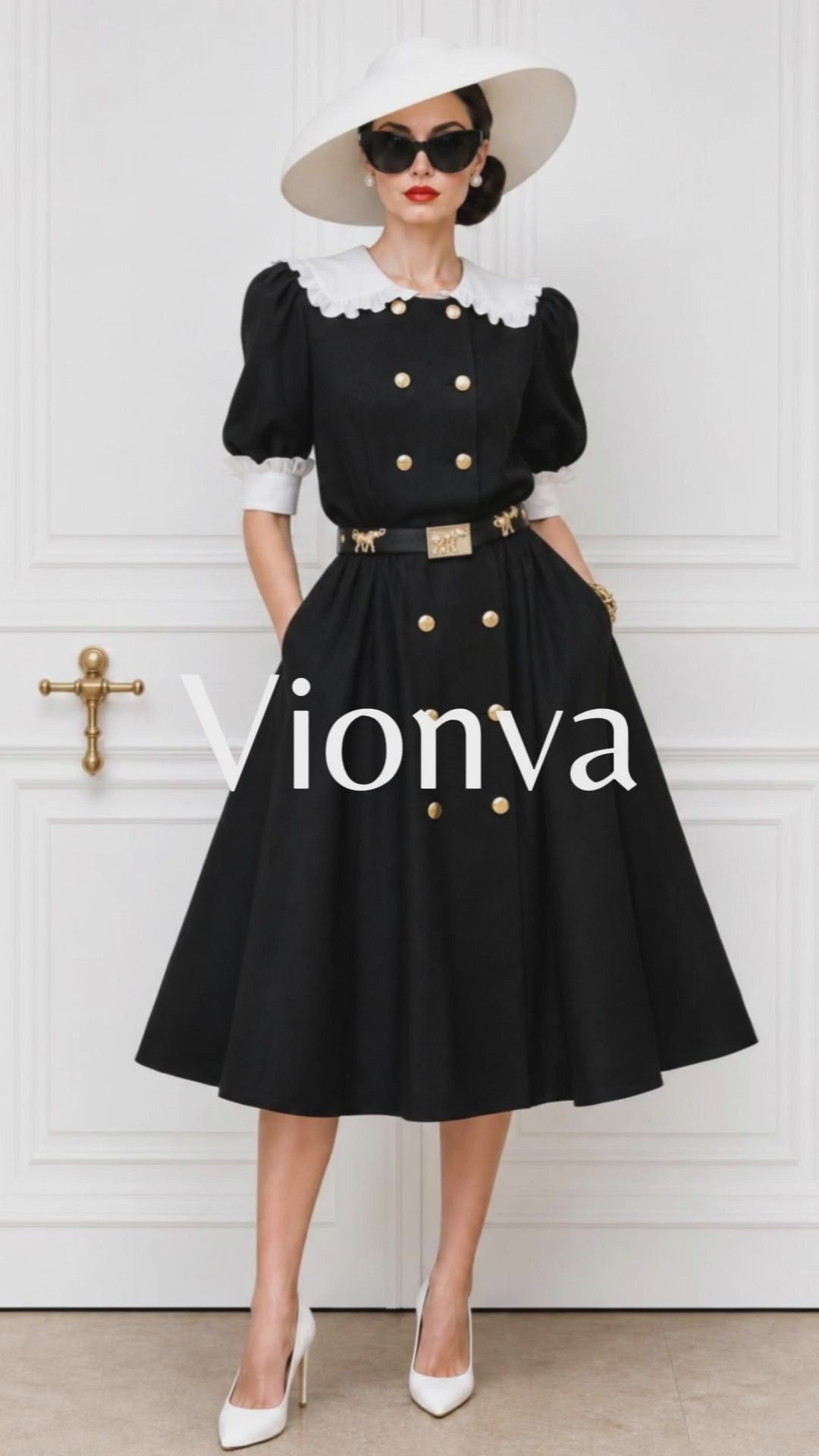 Vintage Double-breasted Lapel Ruffle Trim Midi Dress