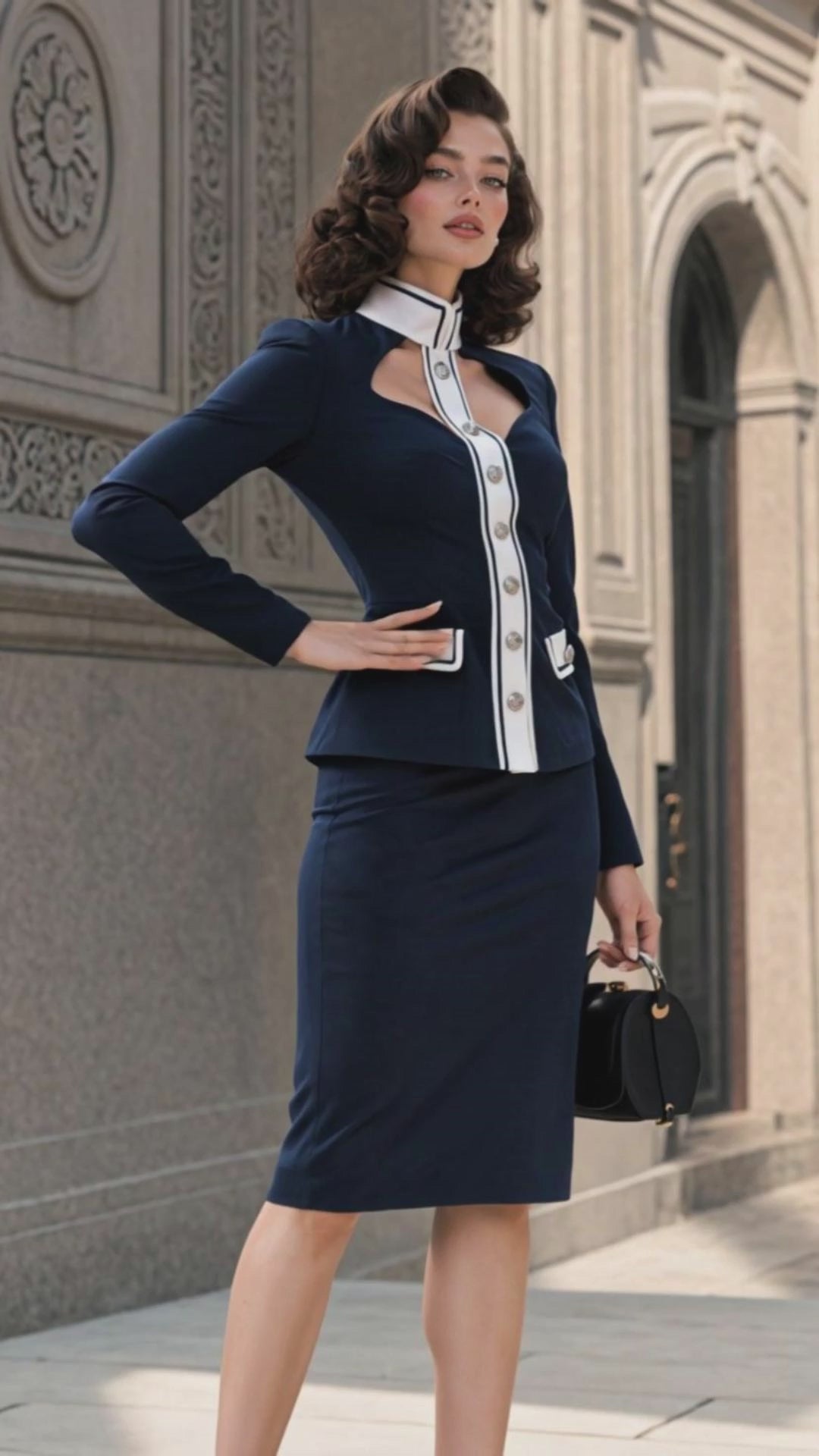 Vintage Stand Collar Cutout Color Block Skirt Set