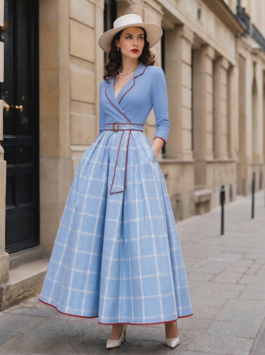 Vintage Plaid Maxi Dress With Red Piping