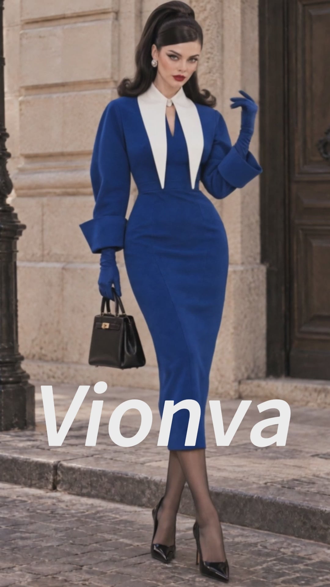 Vintage Royal Blue Collar Faux Suede Midi Pencil Dress