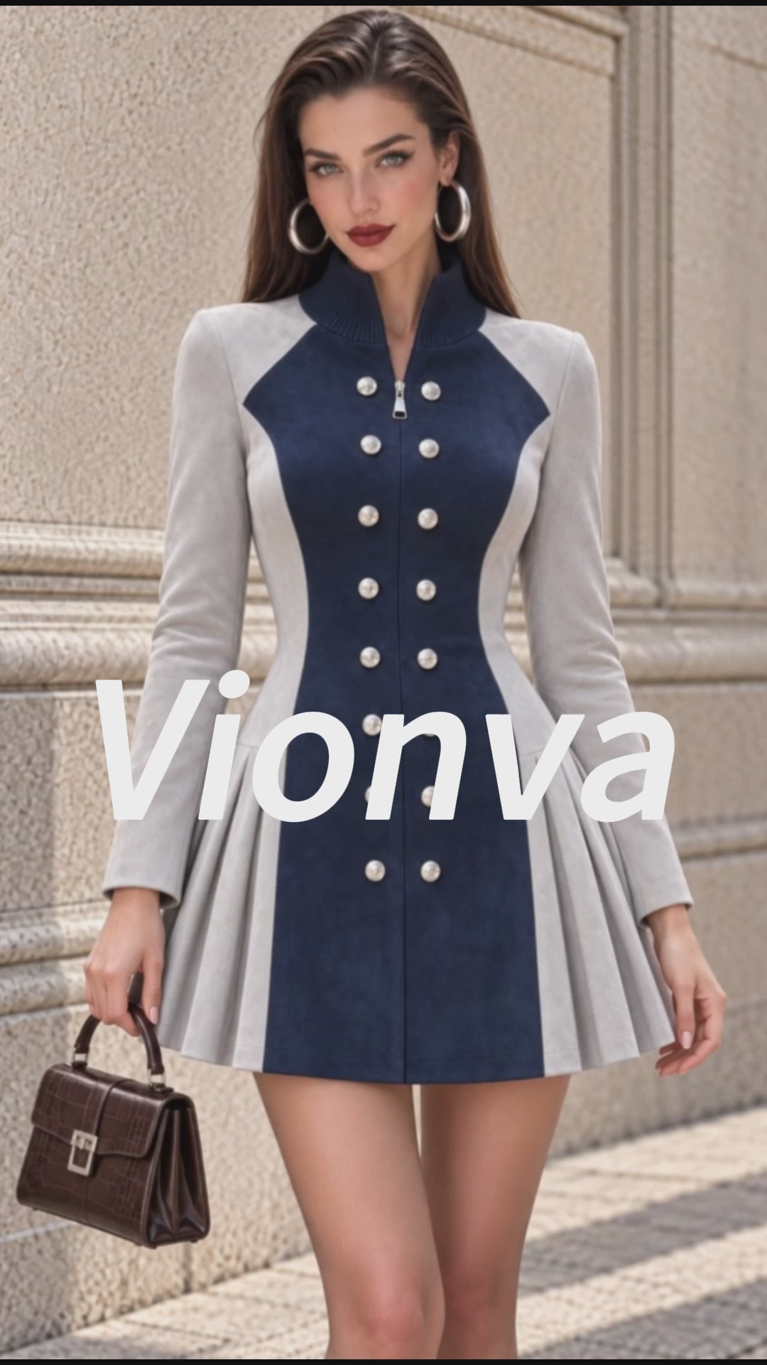 Vintage Colorblock Pearl-Button Pleated Faux Suede Dress