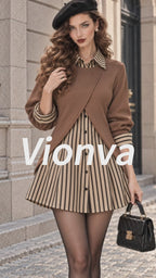Vintage Striped Layered Two-Piece Shirt Dress Set