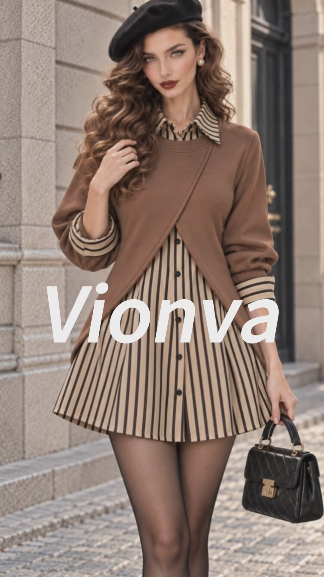 Vintage Striped Layered Two-Piece Shirt Dress Set