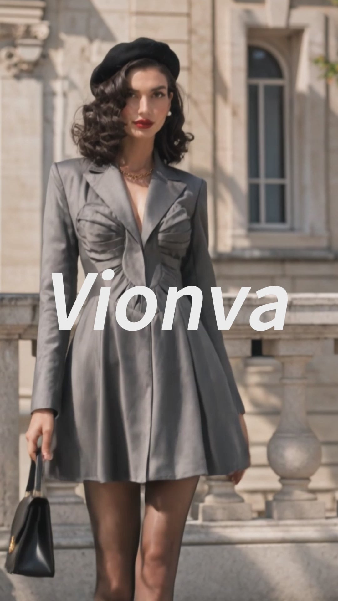 Vintage Gray Pleated Lapel Mini Dress