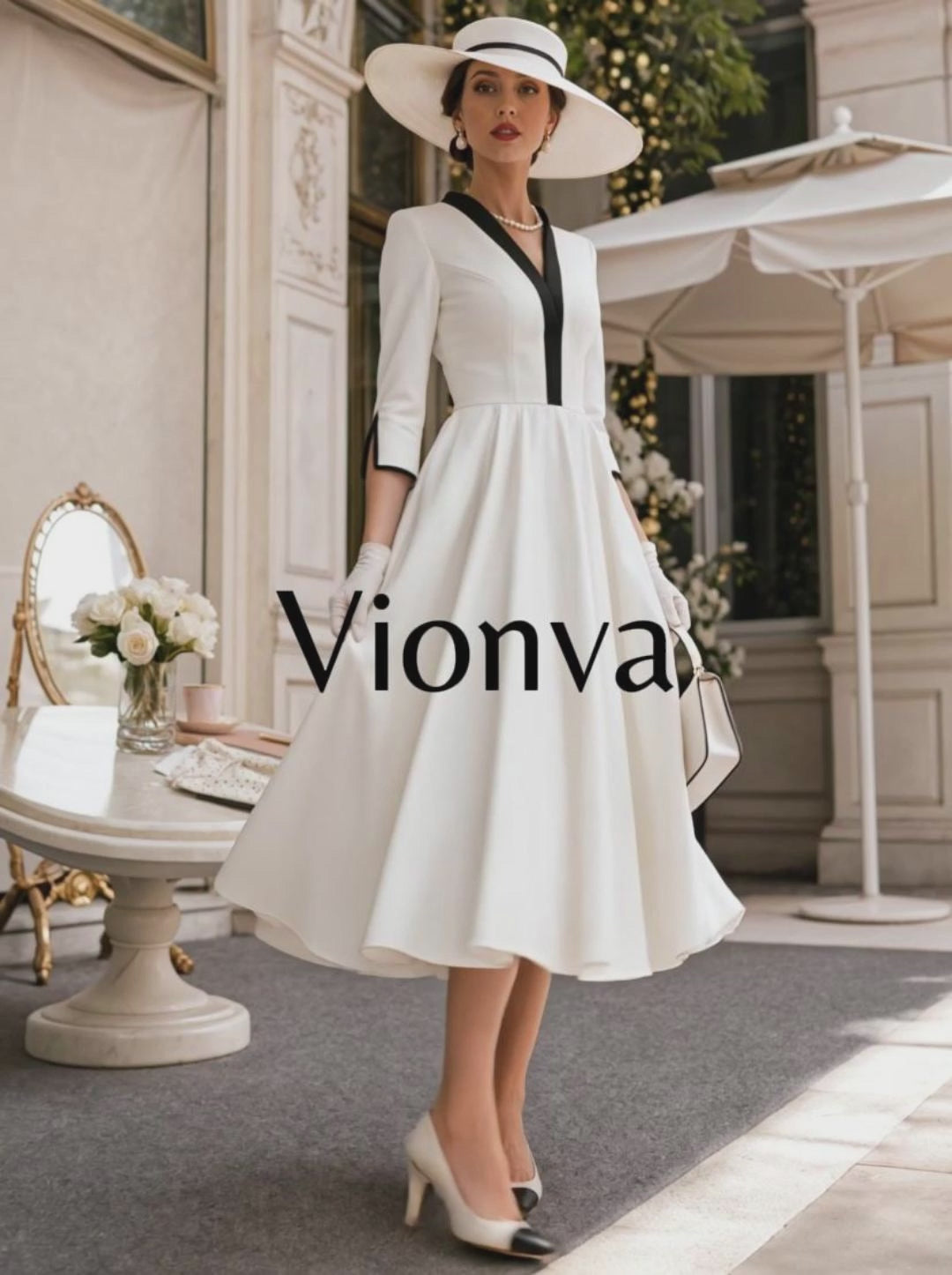 Vintage Colorblock V-Neck A-line Midi Dress