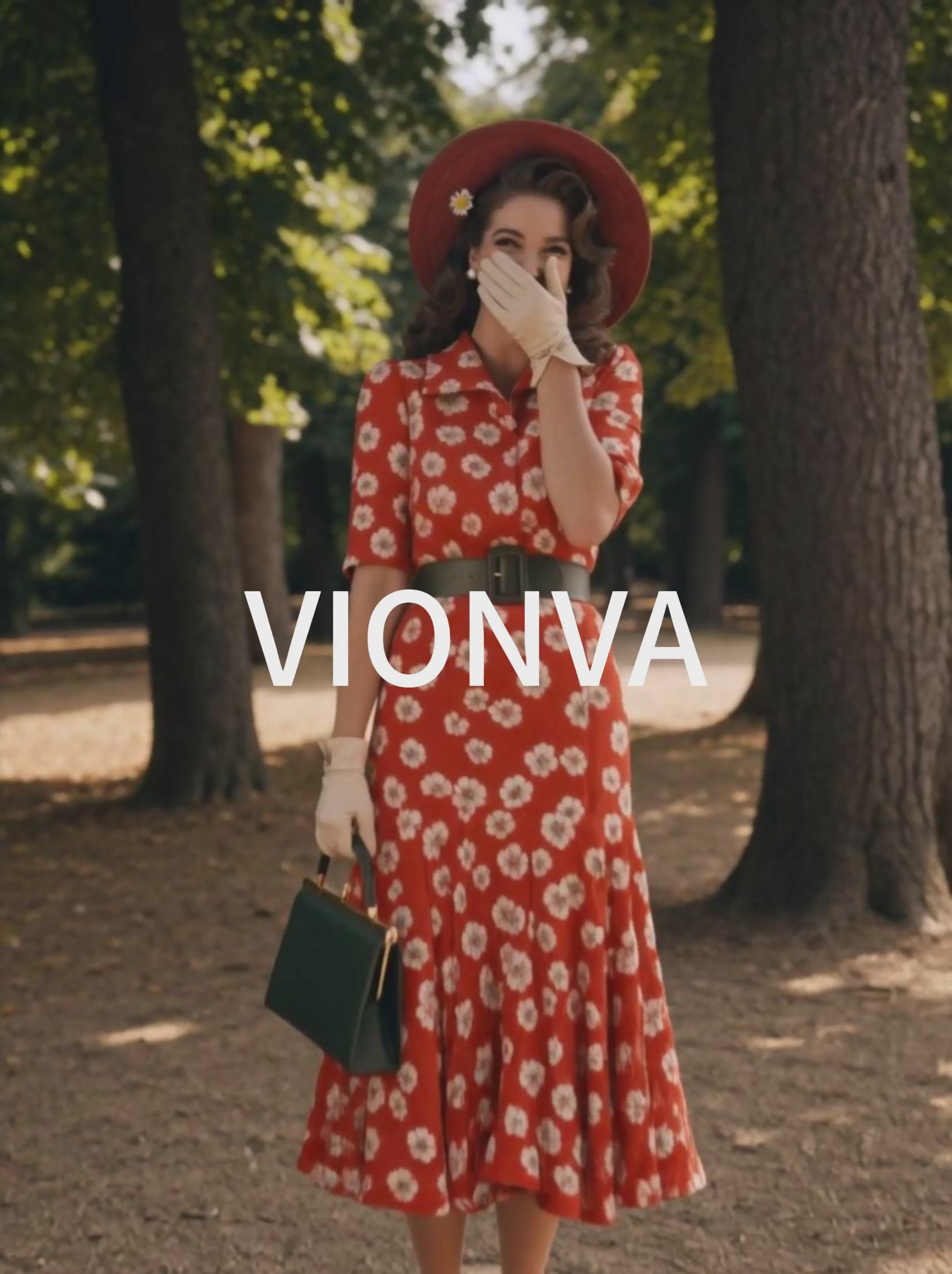Vintage Red White Daisy Print Collared Flare Midi Dress