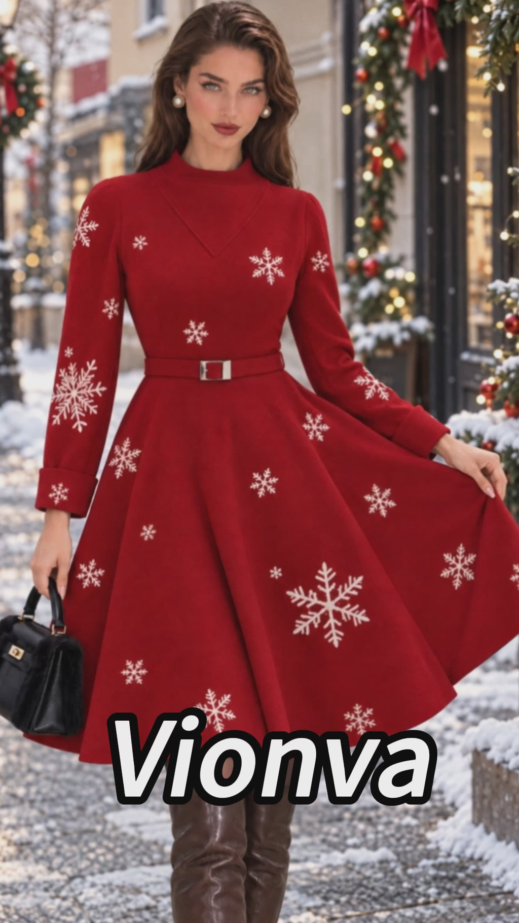 Vintage Red Snowflake Print Belted Flare Midi Dress