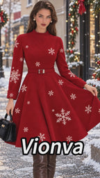 Vintage Red Snowflake Print Belted Flare Midi Dress