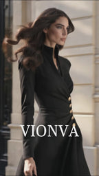 Vintage Black Stand Collar Gold Button Long Sleeve Mini Dress