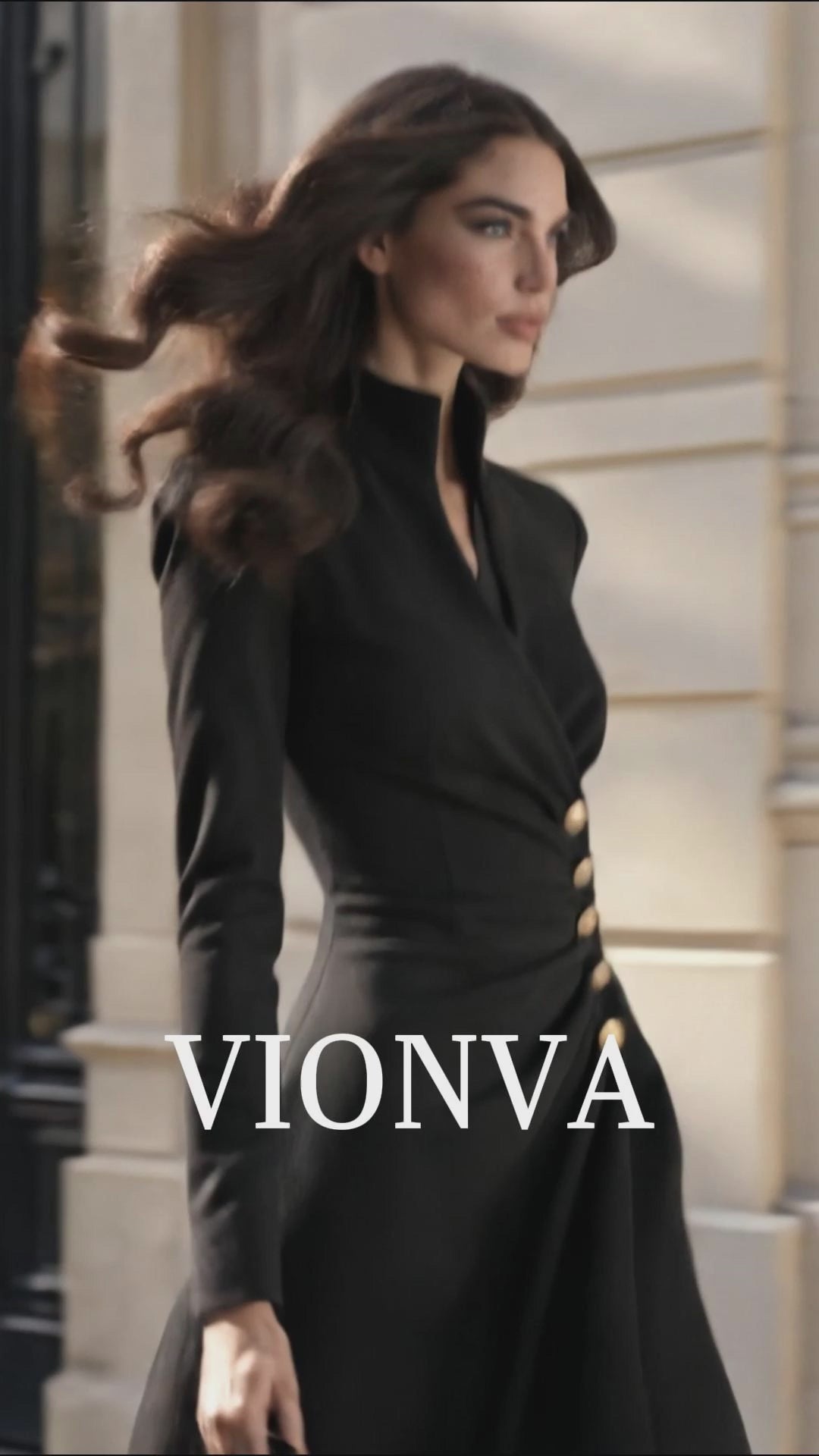 Vintage Black Stand Collar Gold Button Long Sleeve Mini Dress