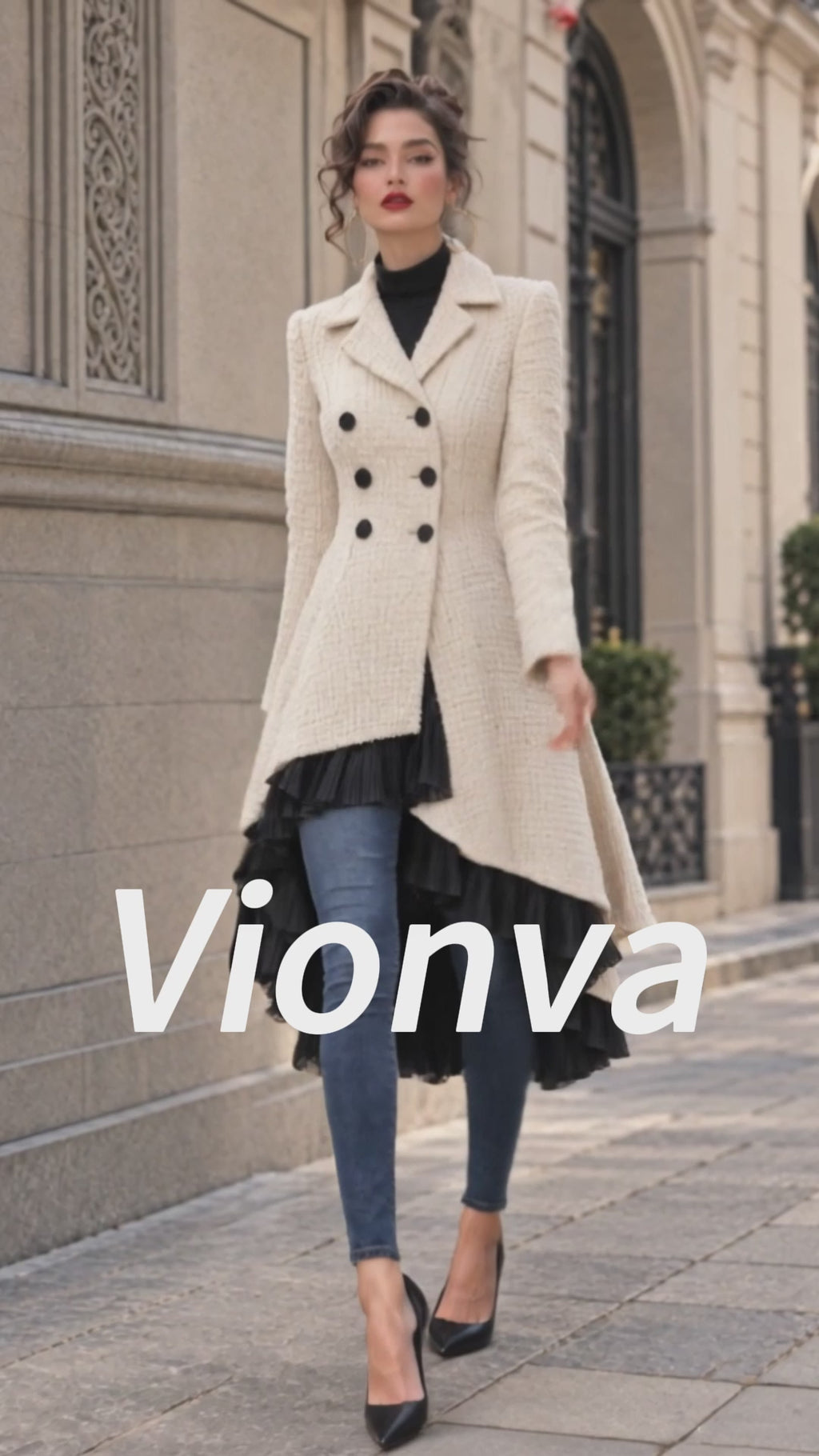 Vintage Tweed Double Breasted High Low Coat