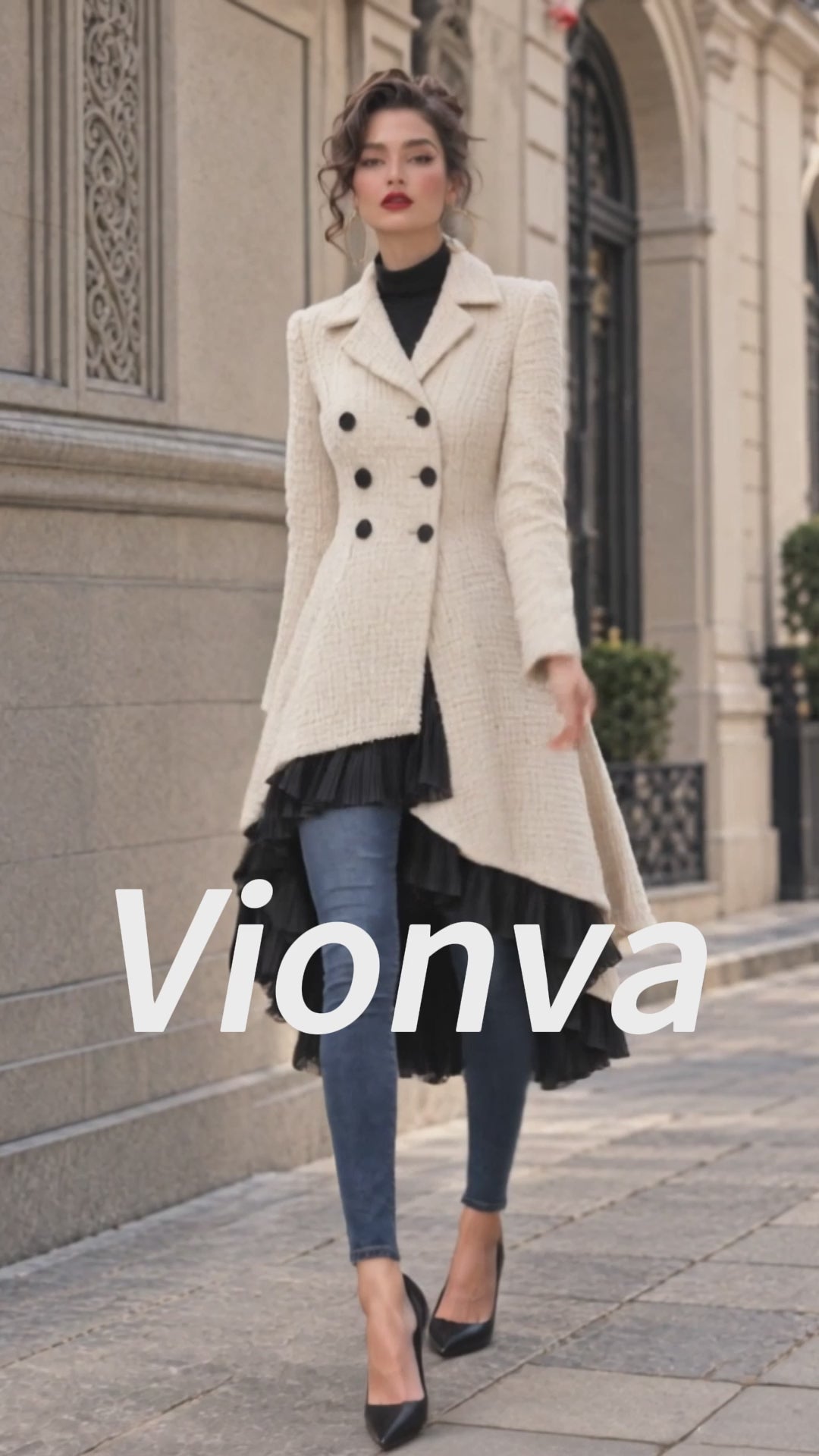 Vintage Tweed Double Breasted High Low Coat