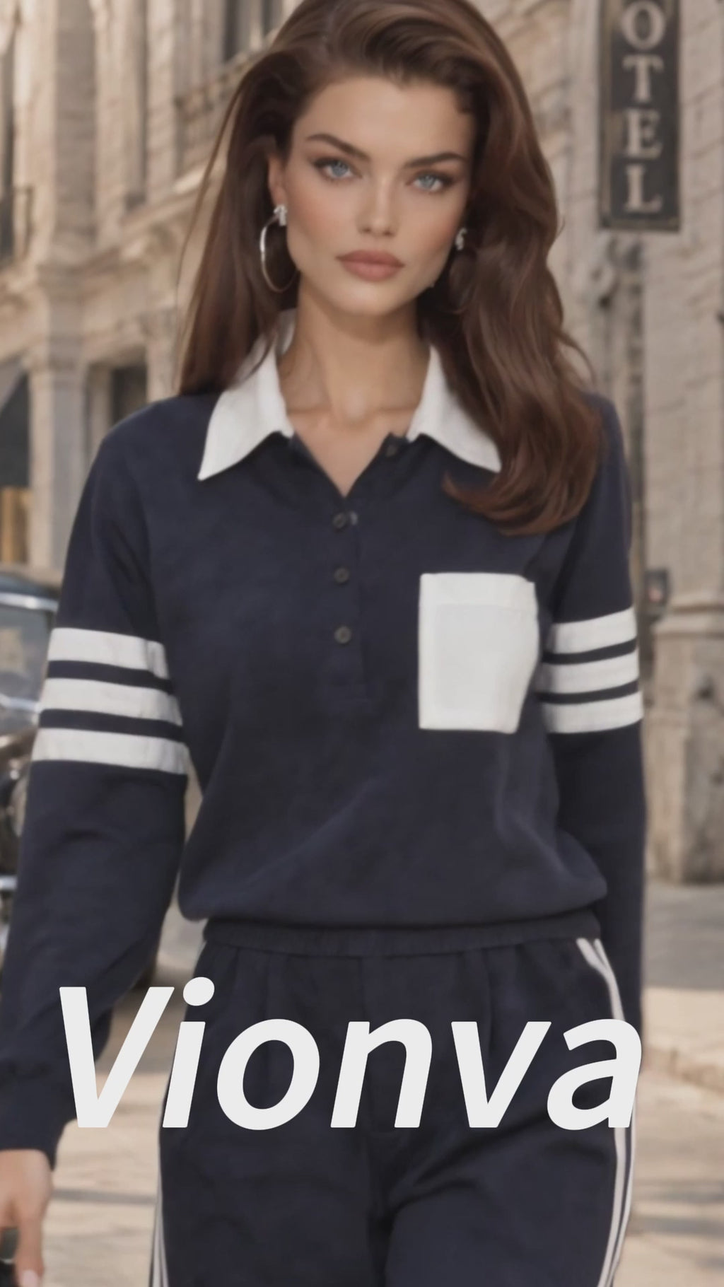 Vintage Stripe Print Collared Pocket Polo Sweatshirt
