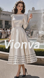 Vintage Ivory Polka-Dot Trim Boat-Neck A-Line Dress