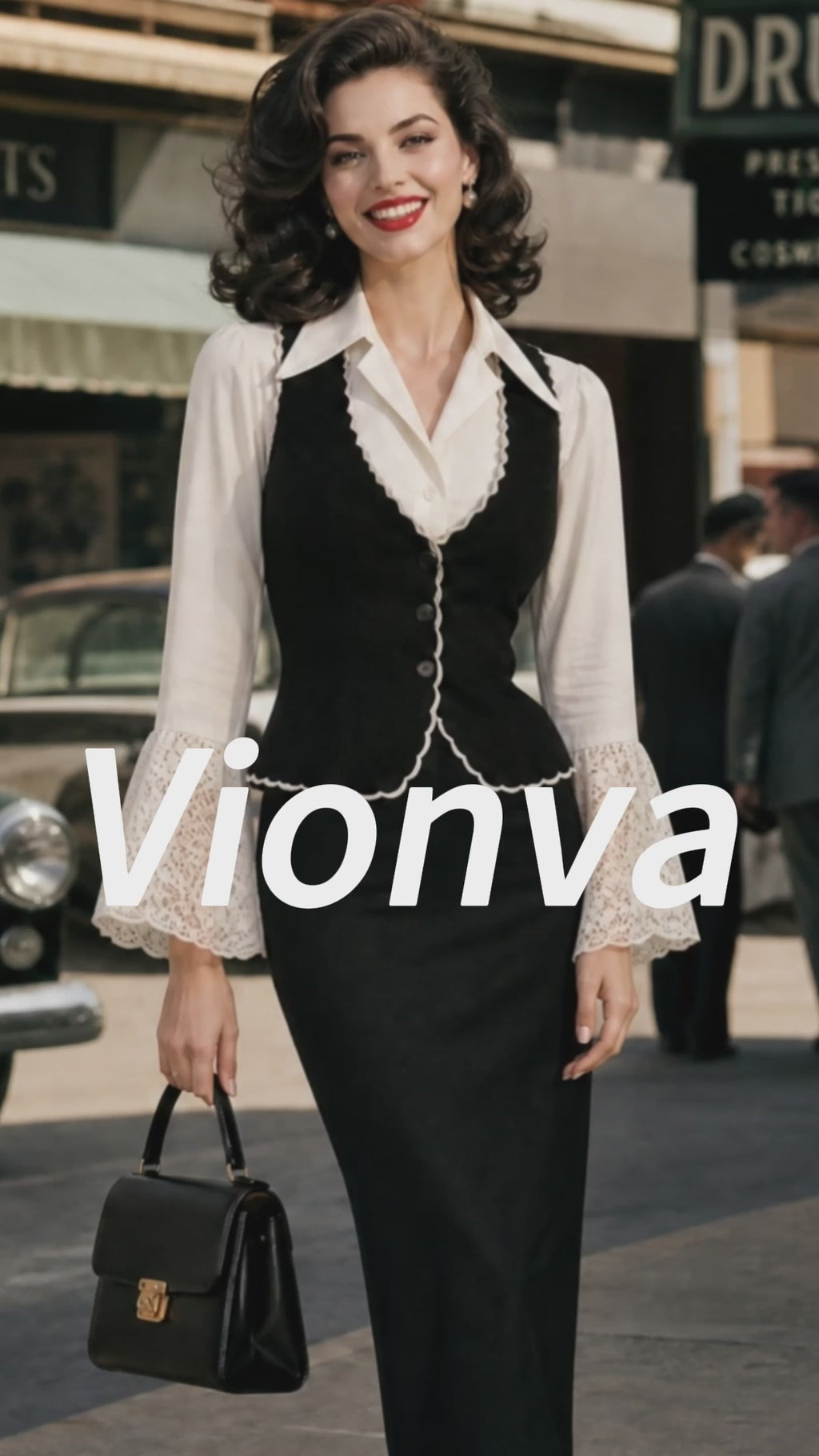 Vintage Cream Lace-Sleeve Blouse & Black Vest Set