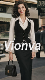 Vintage Cream Lace-Sleeve Blouse & Black Vest Set