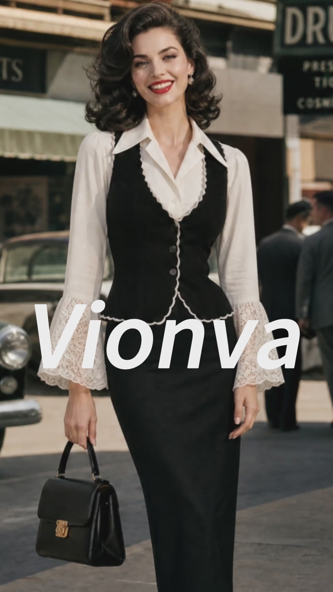 Vintage Cream Lace-Sleeve Blouse & Black Vest Set