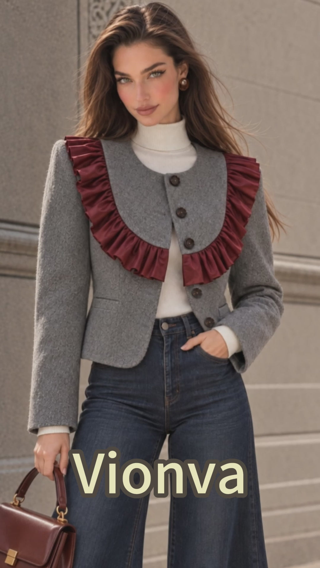 Vintage Grey Wool Blend Burgundy Ruffle Jacket