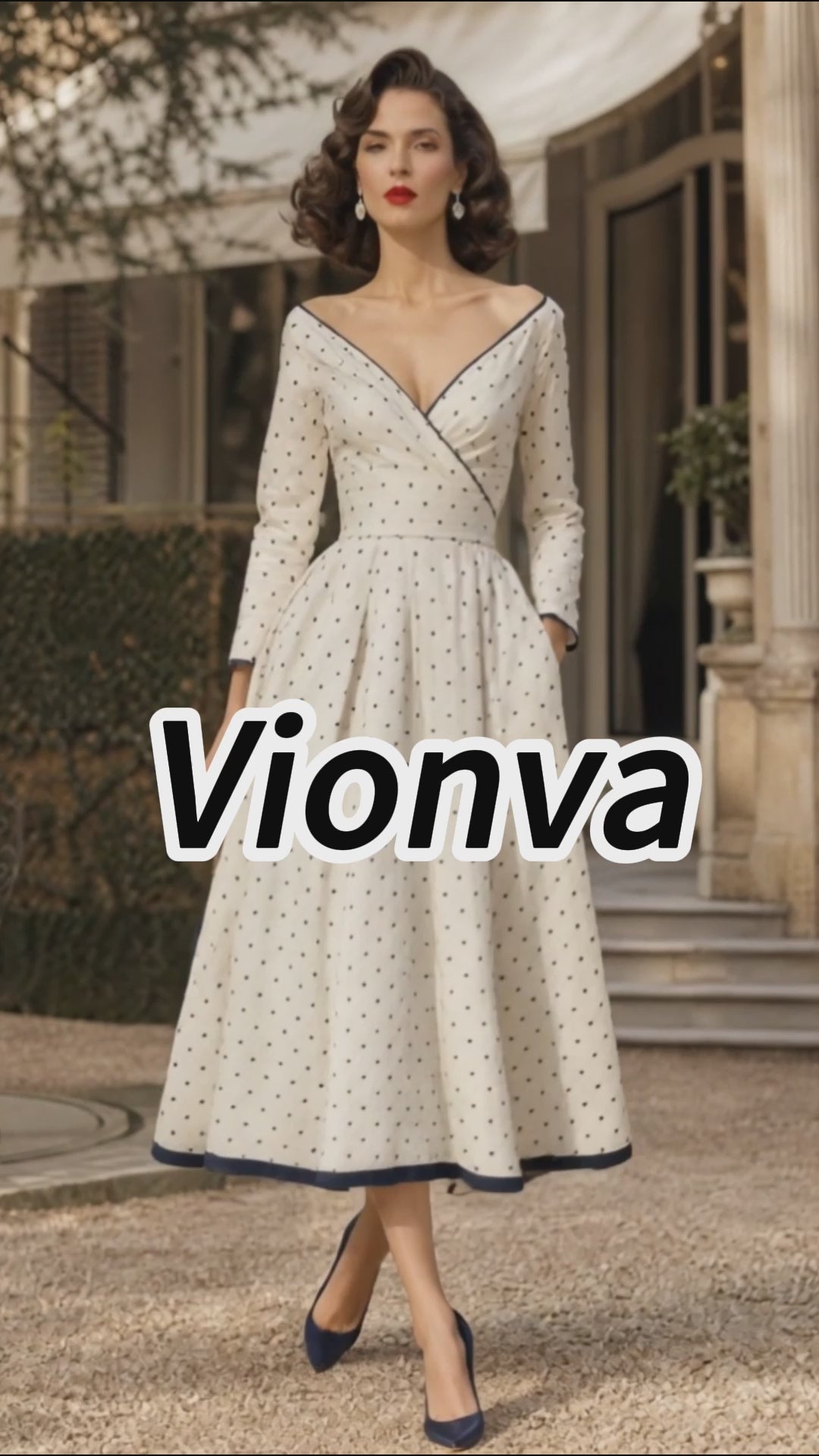 Vintage Cream Navy Polka-Dot V-Neck A-Line Dress