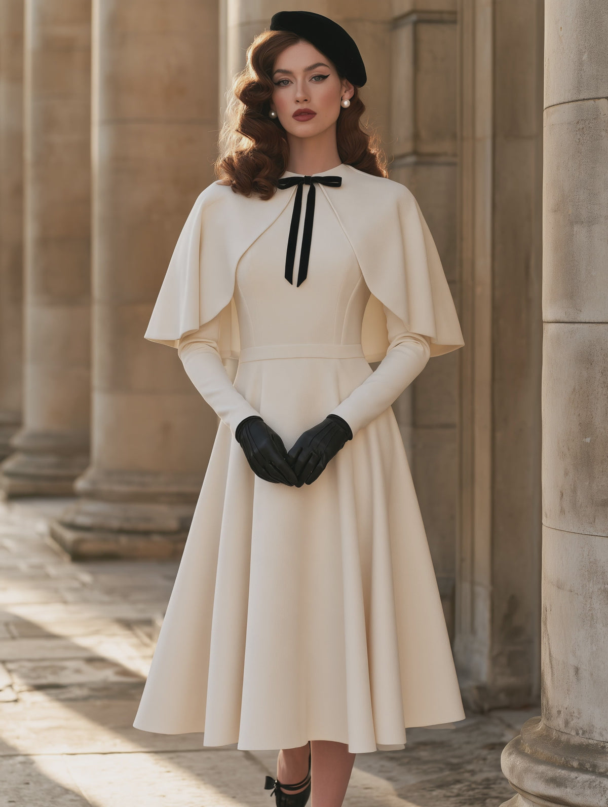 Retro Cream White Cape-Overlay Midi Dress