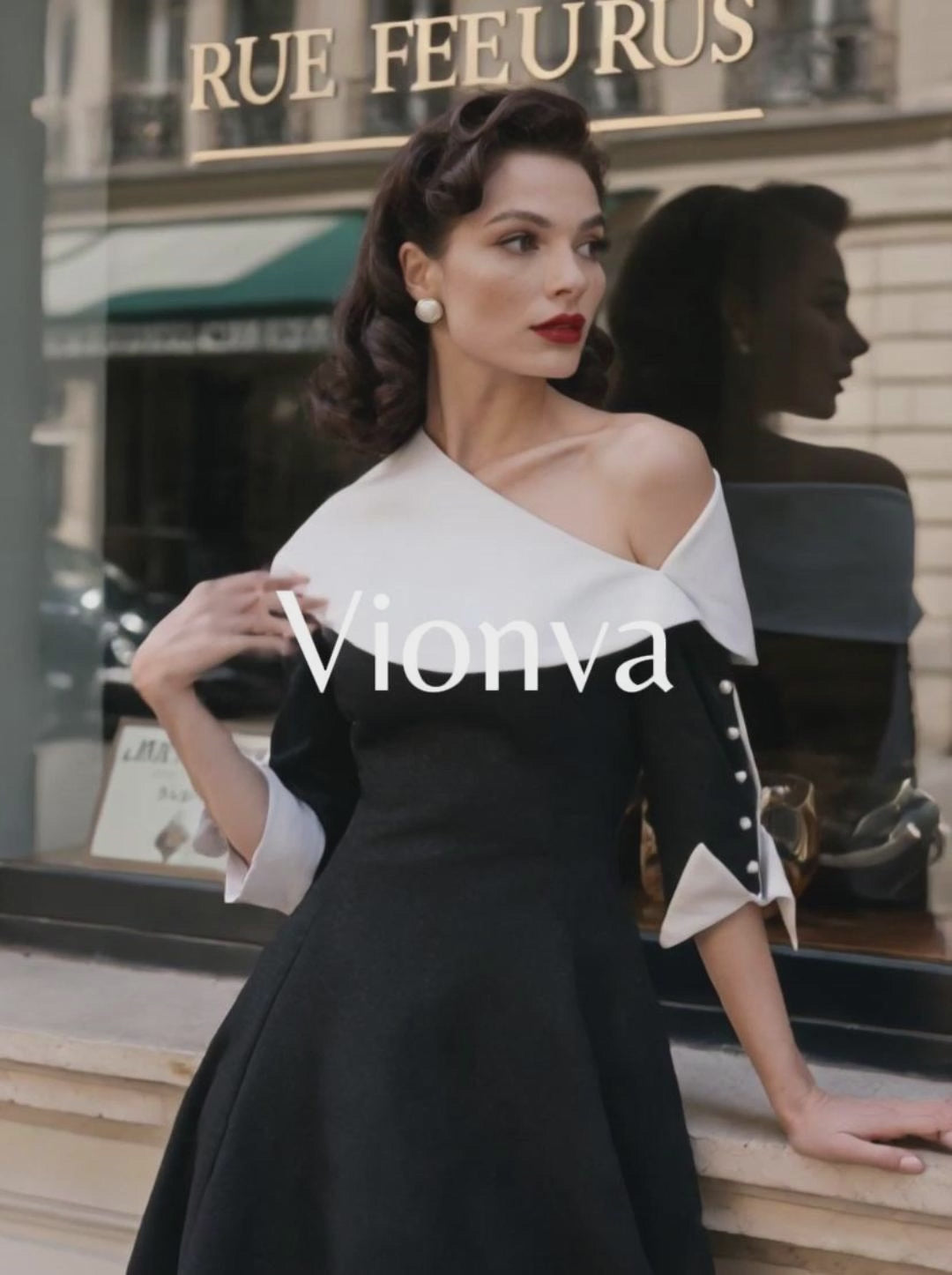 Vintage Asymmetric Neck Color Contrast Swing Midi Dress