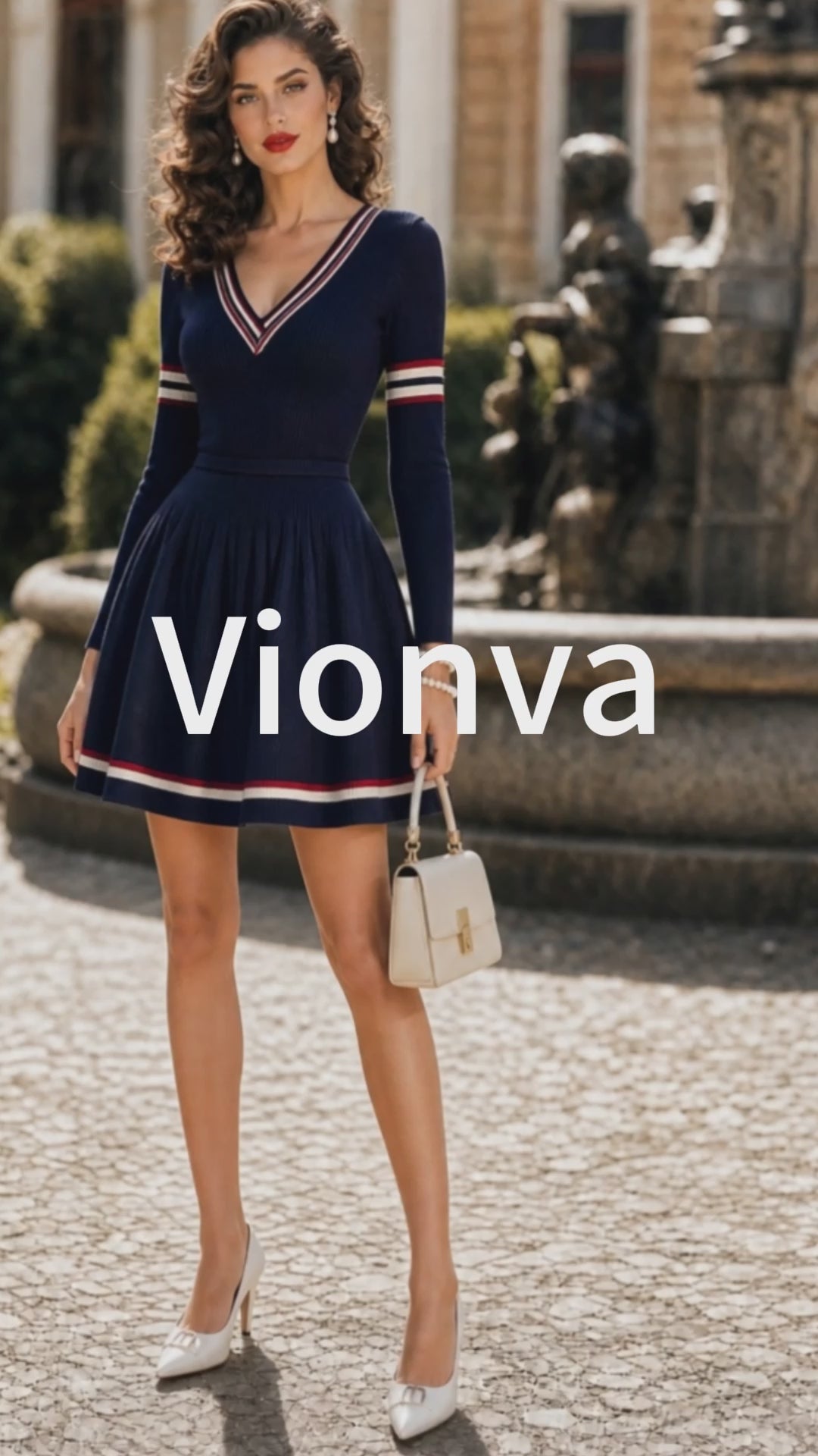 Vintage Navy Striped V-Neck Knit Dress