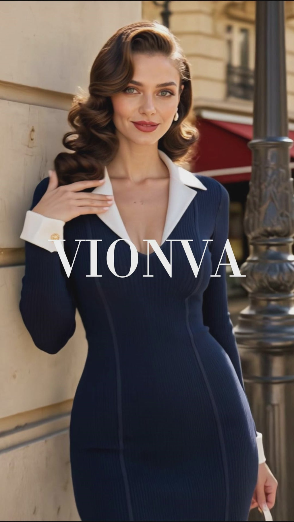 Vintage Contrast Collar Knit Midi Dress