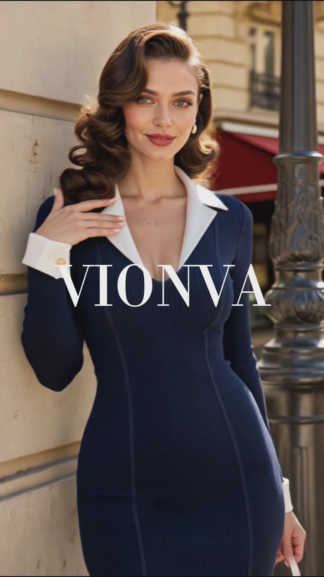 Vintage Contrast Collar Knit Midi Dress