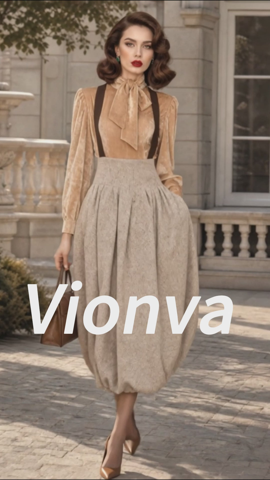Vintage Beige High-Waist Suspender Bubble-Hem Midi Skirt