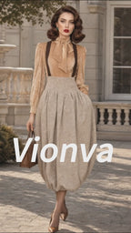 Vintage Beige High-Waist Suspender Bubble-Hem Midi Skirt