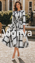 Vintage Black White Plaid Belted A-Line Midi Dress