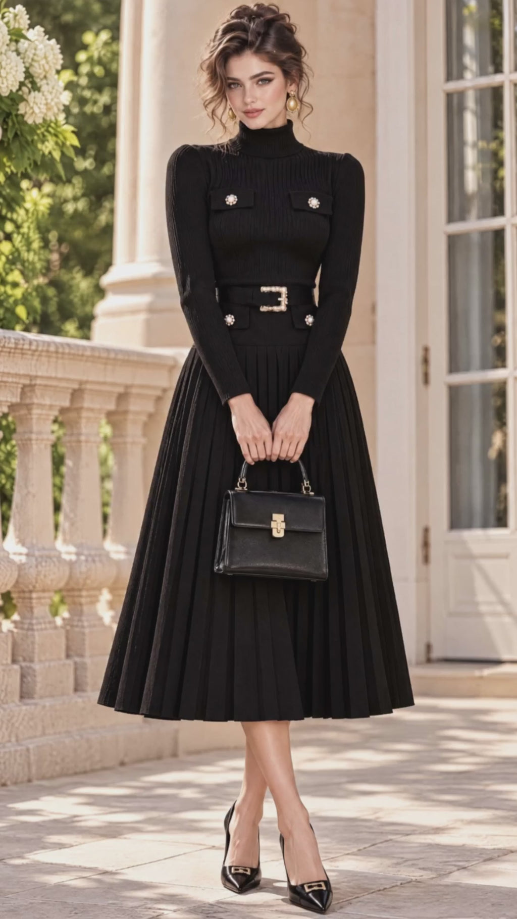 Vintage Turtleneck Belted Pleated Knit Midi Dress
