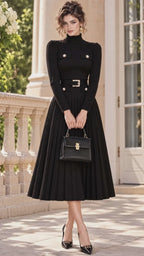 Vintage Turtleneck Belted Pleated Knit Midi Dress