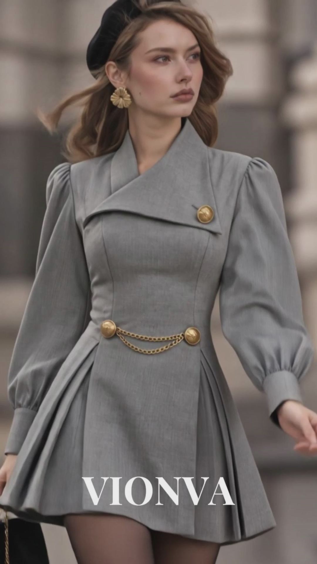 Vintage Asymmetric Lapel Long Sleeve Pleated Mini Dress