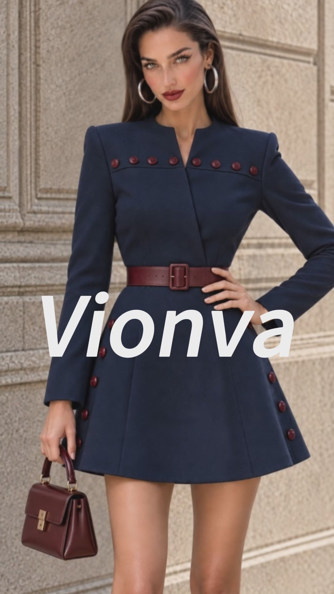 Vintage Contrast-Button Belted Military Mini Dress