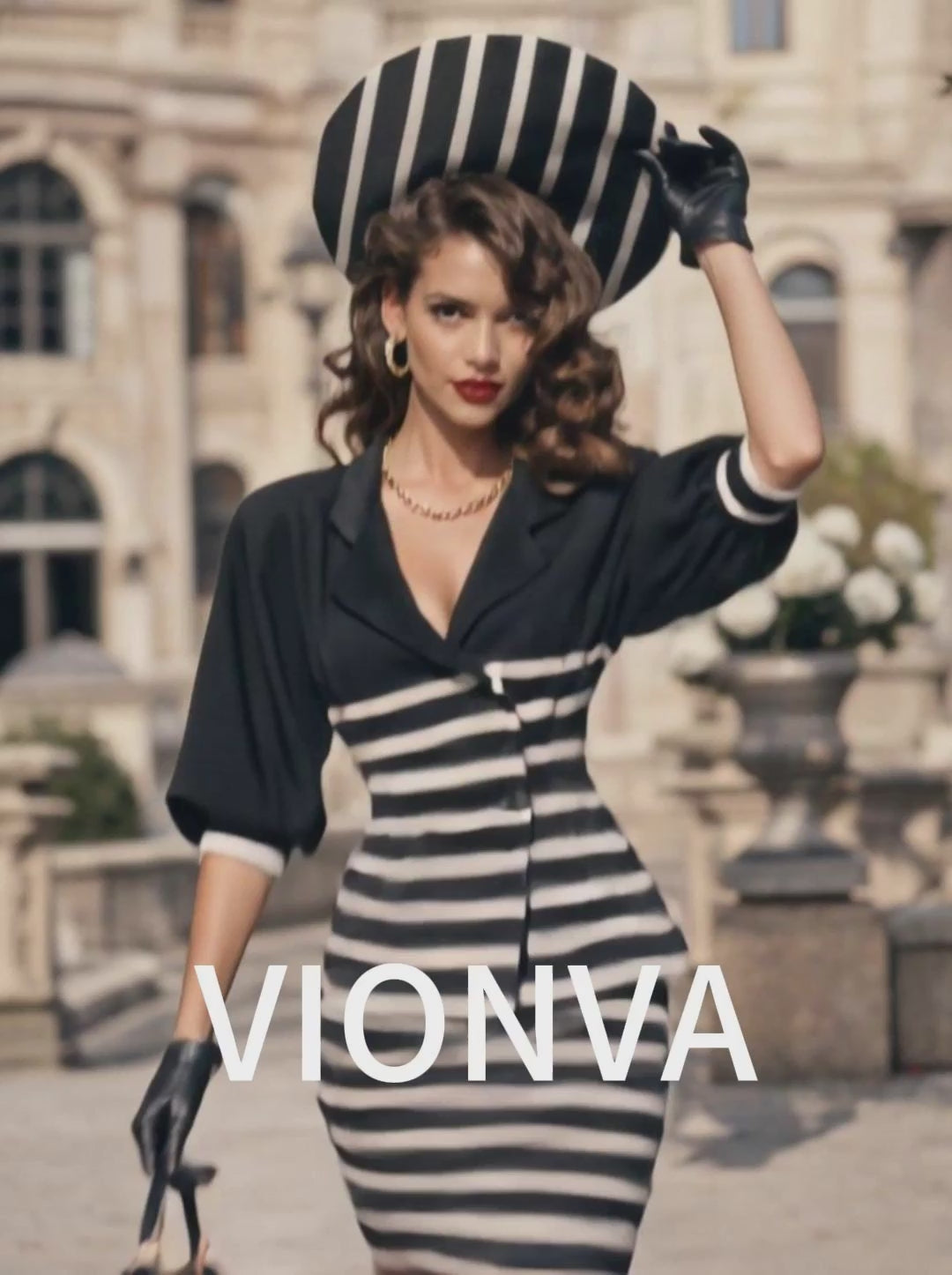 Vintage Blazer Collar Puff Sleeve Striped Top & Pencil Skirt Sets