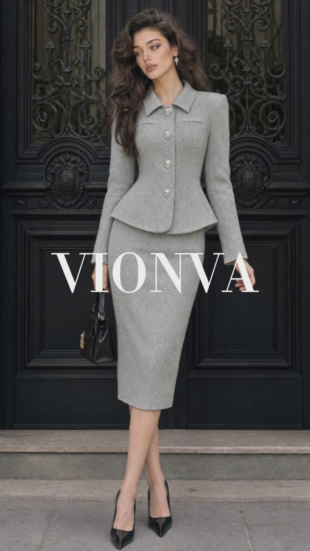 Retro Heart‑Button Peplum Wool Skirt Suit