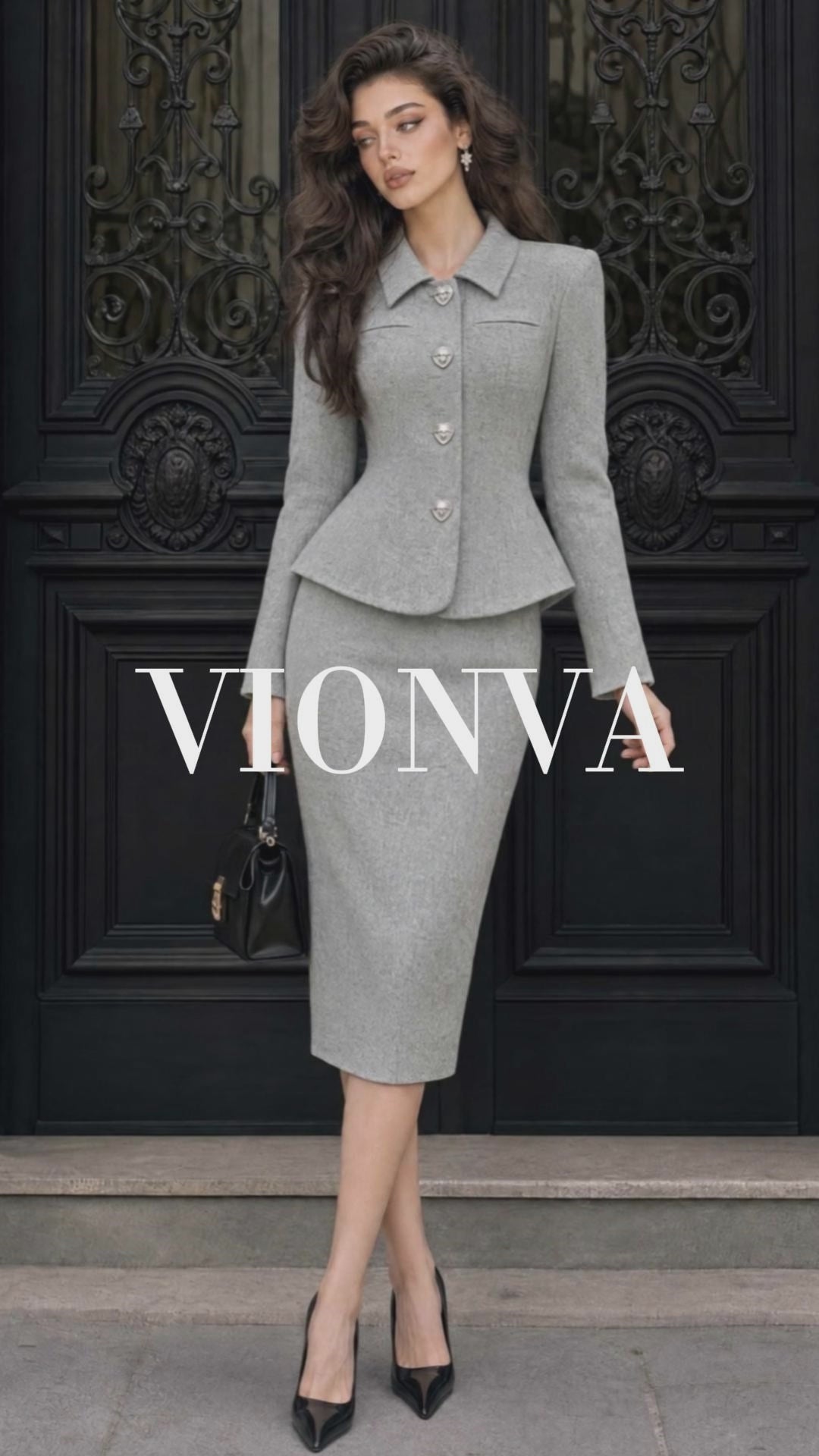 Retro Heart‑Button Peplum Wool Skirt Suit
