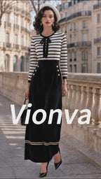 Vintage Striped Bow-Neck Velvet Wide-Leg Jumpsuit