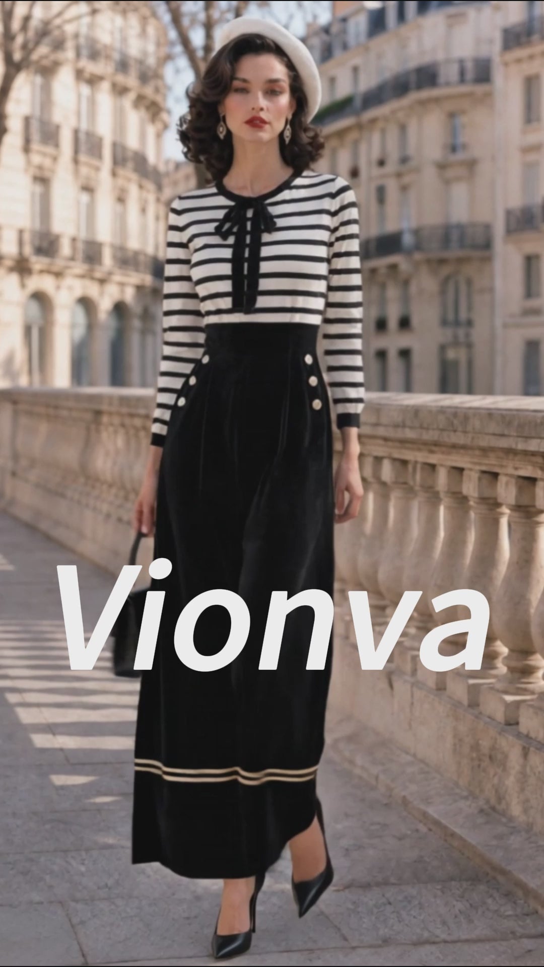 Vintage Striped Bow-Neck Velvet Wide-Leg Jumpsuit